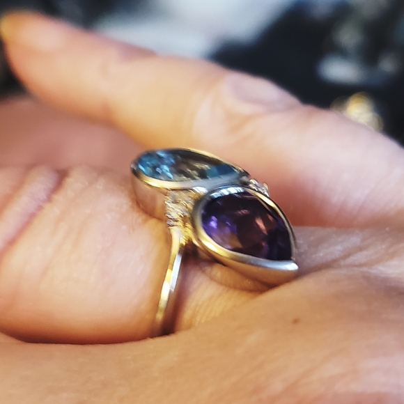 NWT African Amethyst, Sky Blue Topaz and Moissanite Bypass Ring Size 9 - Picture 12 of 13